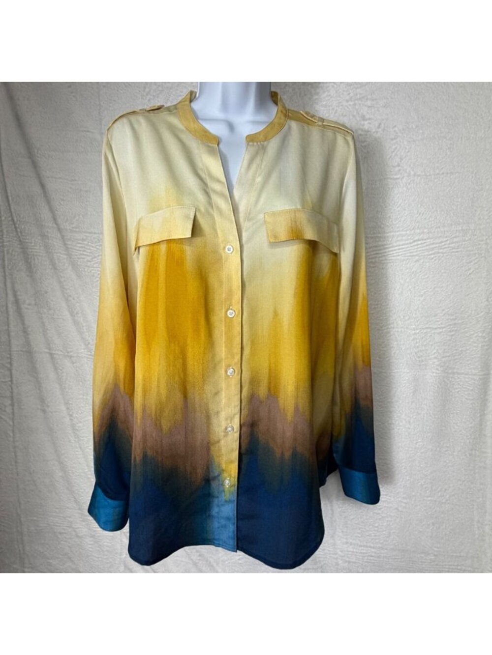 calvin klein women's medium long sleeve blouse ombré yellow blue button up offic